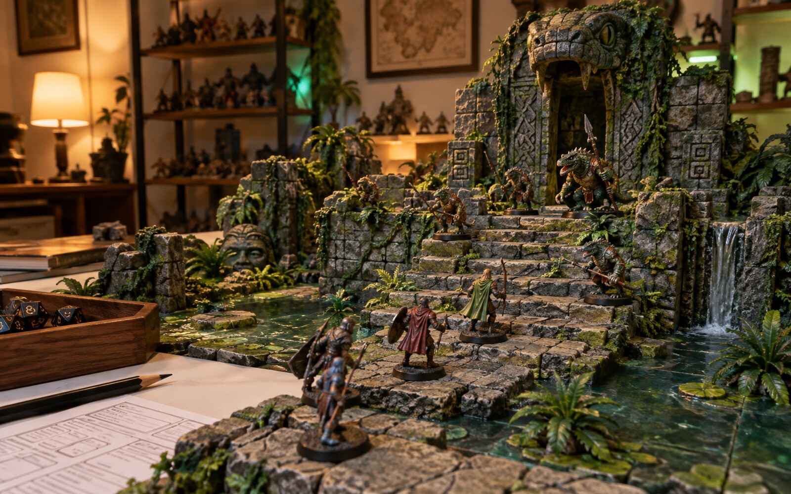 A real tabletop setup with adventurer miniatures entering an illuminated modular jungle temple